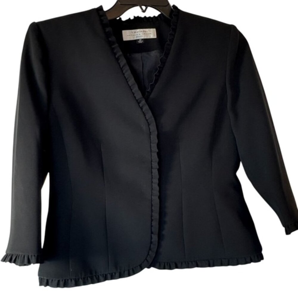 Tahari Arthur Levine women's blazer size 8P with ruffle hem/sleeve detail black